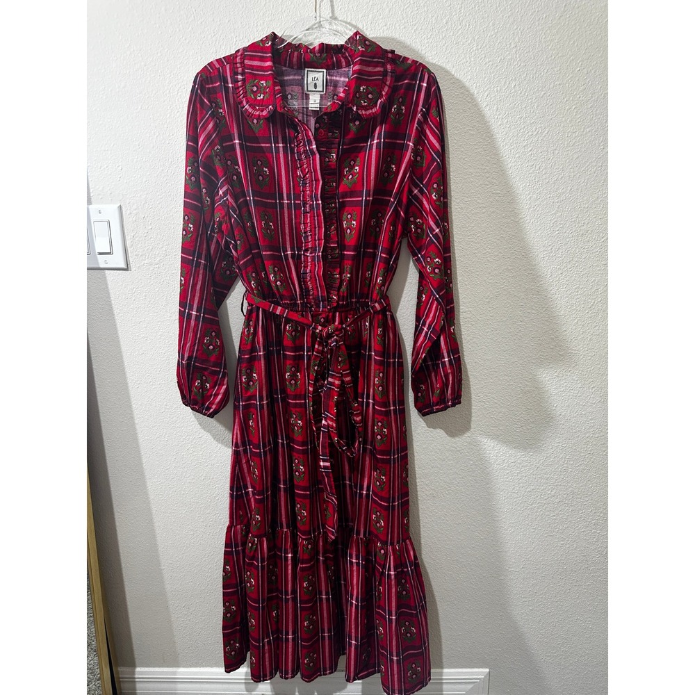 Lea Shirt Dress Womens 1X Red Cotton Plaid Floral Midi Ruffle Tie Waist Dress